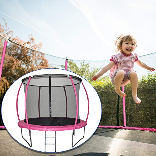 HOMCOM Cama Elástica Multifuncional Estable para Exterior e Interior Patio Gimnasio Trampolín Grande con Red Seguridad y Escalera Carga 100kg para Adultos y Niños Φ244x205 cm Rosa