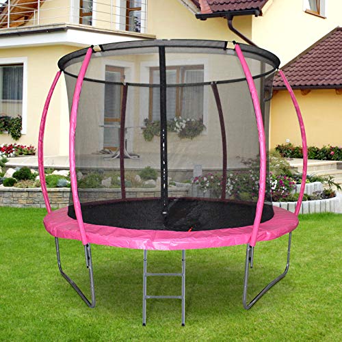 HOMCOM Cama Elástica Multifuncional Estable para Exterior e Interior Patio Gimnasio Trampolín Grande con Red Seguridad y Escalera Carga 100kg para Adultos y Niños Φ244x205 cm Rosa