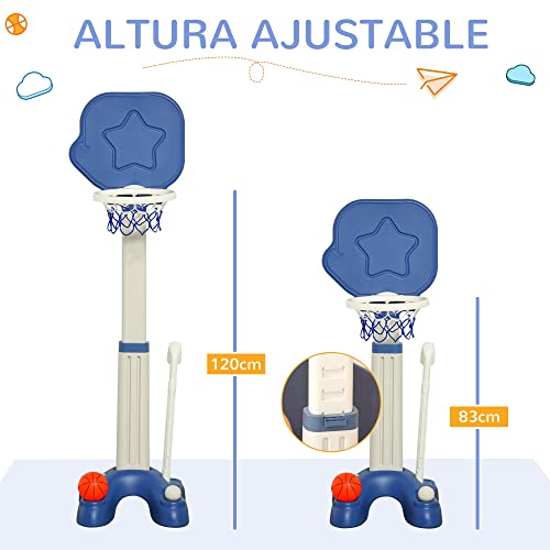 HOMCOM Canasta de Baloncesto 2 en 1 Juego de Golf para Niños de +2 Años con Aro Ajustable en Altura de 83-120 cm Pelotas y Palo de Golf 46x41x116-153 cm Azul y Blanco