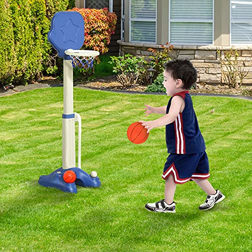 HOMCOM Canasta de Baloncesto 2 en 1 Juego de Golf para Niños de +2 Años con Aro Ajustable en Altura de 83-120 cm Pelotas y Palo de Golf 46x41x116-153 cm Azul y Blanco