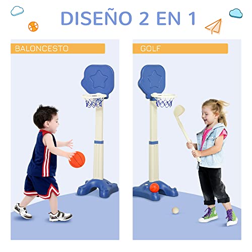 HOMCOM Canasta de Baloncesto 2 en 1 Juego de Golf para Niños de +2 Años con Aro Ajustable en Altura de 83-120 cm Pelotas y Palo de Golf 46x41x116-153 cm Azul y Blanco