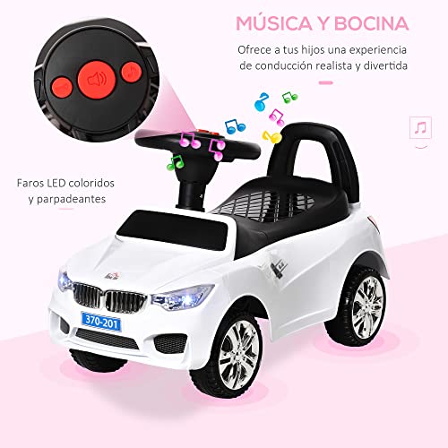 HOMCOM Coche Correpasillos para Niños de 18-36 Meses con Faros Música Bocina Volante Espacio de Almacenaje y Asa para Empujar 63,5x28x36 cm Blanco