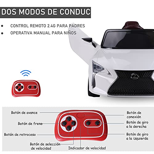 HOMCOM Coche Eléctrico para Niños Mayores de 3 Años Automóvil Infantil Lexus LC500 con Licencia Control Remoto y Manual con Música Bocina y Faros Soporta Máx. 30 kg 106x63x44 cm Blanco