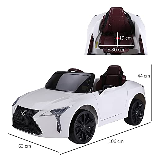 HOMCOM Coche Eléctrico para Niños Mayores de 3 Años Automóvil Infantil Lexus LC500 con Licencia Control Remoto y Manual con Música Bocina y Faros Soporta Máx. 30 kg 106x63x44 cm Blanco