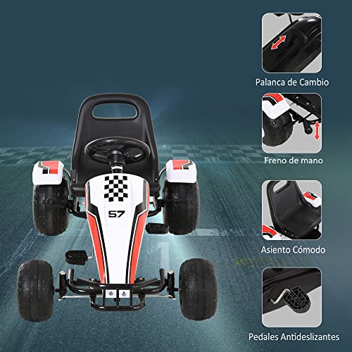 HOMCOM Go Kart a Pedales para Niños de +3 Años Coche de Pedales Infantil con Asiento Ajustable y Freno de Mano 104x66x57 cm Blanco y Negro