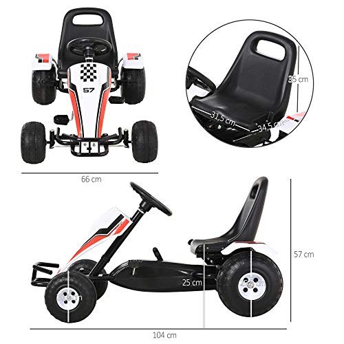 HOMCOM Go Kart a Pedales para Niños de +3 Años Coche de Pedales Infantil con Asiento Ajustable y Freno de Mano 104x66x57 cm Blanco y Negro