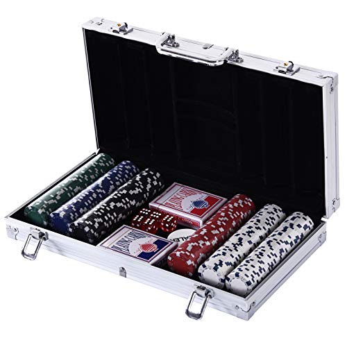 HOMCOM Maletín de Poker Profesional con 300 Fichas y 2 Barajas Juego Set de Poker Casino Aluminio 5 Dados, 2 Barajas y 1 Ficha de Crupier