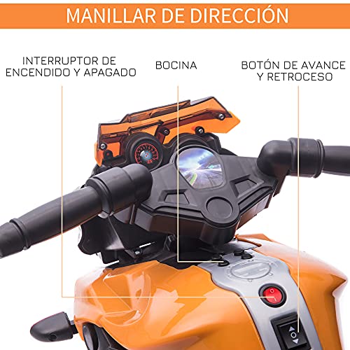 HOMCOM Moto Eléctrica para Niños de 18-36 Meses 6V con Faros Bocina 2 Ruedas de Equilibrio Velocidad Máx. de 3 km/h Motocicleta de Juguete 88,5x42,5x49 cm Naranja