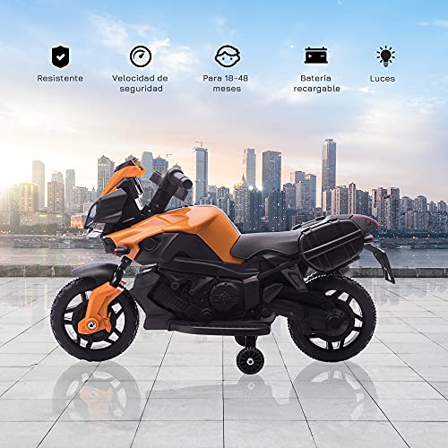 HOMCOM Moto Eléctrica para Niños de 18-36 Meses 6V con Faros Bocina 2 Ruedas de Equilibrio Velocidad Máx. de 3 km/h Motocicleta de Juguete 88,5x42,5x49 cm Naranja