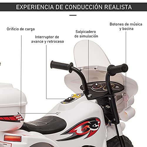 HOMCOM Moto Eléctrica para Niños de 18-36 Meses Motocicleta Infantil con 3 Ruedas y Batería 6V con Música Bocina Faros Baúl 80x35x52 cm Blanco