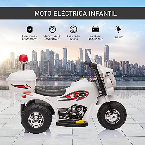 HOMCOM Moto Eléctrica para Niños de 18-36 Meses Motocicleta Infantil con 3 Ruedas y Batería 6V con Música Bocina Faros Baúl 80x35x52 cm Blanco