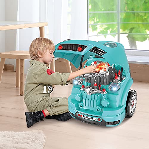 HOMCOM Motor de Camión para Niños de +3 Años Conjunto de Motor de Juguete con 61 Piezas Volante Bocina Faros Caja de Almacenaje y Ruedas 40x39x47 cm Turquesa