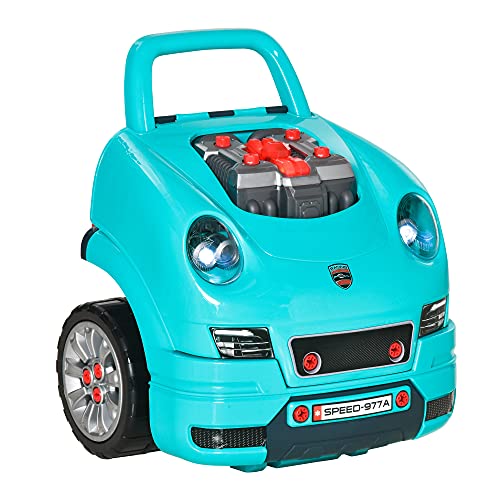 HOMCOM Motor de Camión para Niños de +3 Años Conjunto de Motor de Juguete con 61 Piezas Volante Bocina Faros Caja de Almacenaje y Ruedas 40x39x47 cm Turquesa