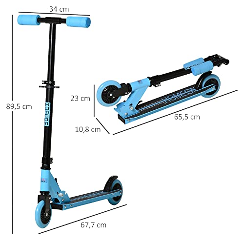 HOMCOM Patinete para Niños de +3 Años Plegable Scooter de 2 Ruedas con Manillar Altura Ajustable Freno Posterior y Pedal Antideslizante Carga 50 kg 67,7x34x79,5-89,5 cm Azul