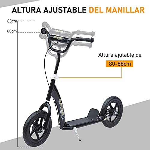 HOMCOM Patinete para Niños de +5 Años Scooter de 2 Ruedas Grandes de 12 Pulgadas con Freno y Manillar Ajustable en Altura Carga Máx. 50 kg 120x52x80-88 cm Negro