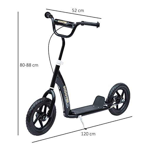 HOMCOM Patinete para Niños de +5 Años Scooter de 2 Ruedas Grandes de 12 Pulgadas con Freno y Manillar Ajustable en Altura Carga Máx. 50 kg 120x52x80-88 cm Negro