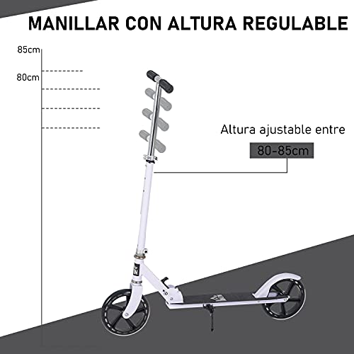 HOMCOM Patinete Plegable para Niños de +5 Años Scooter Infantil Manillar Ajustable en Altura de 4 Niveles con Freno 88x37x75-100 cm Blanco