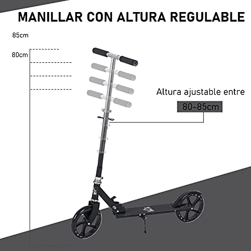 HOMCOM Patinete Plegable para Niños de +5 Años Scooter Infantil Manillar Ajustable en Altura de 4 Niveles con Freno 88x37x75-100 cm Negro