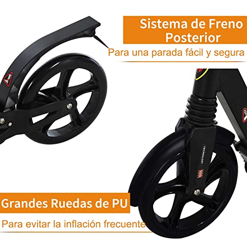 HOMCOM Patinete Plegable Scooter con Manillar Altura Ajustable Patinete para Adultos y Niños (más de 14 años) Tipo Monopatín con Freno Grandes Ruedas Carga 100kg