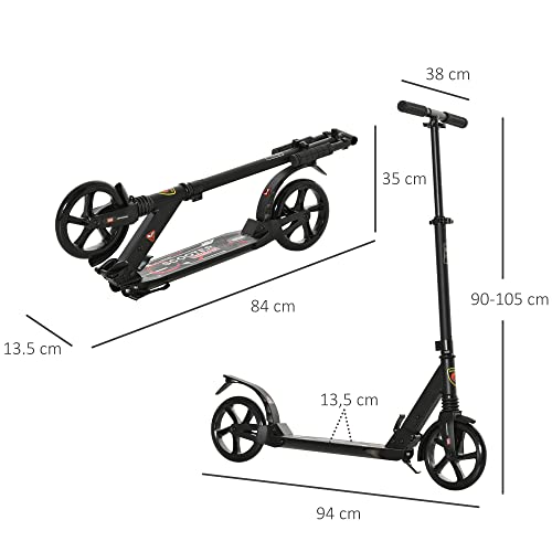 HOMCOM Patinete Plegable Scooter con Manillar Altura Ajustable Patinete para Adultos y Niños (más de 14 años) Tipo Monopatín con Freno Grandes Ruedas Carga 100kg