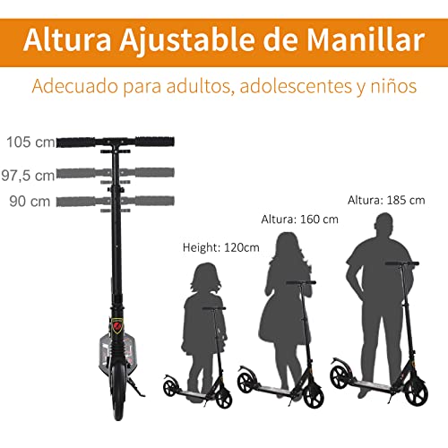 HOMCOM Patinete Plegable Scooter con Manillar Altura Ajustable Patinete para Adultos y Niños (más de 14 años) Tipo Monopatín con Freno Grandes Ruedas Carga 100kg