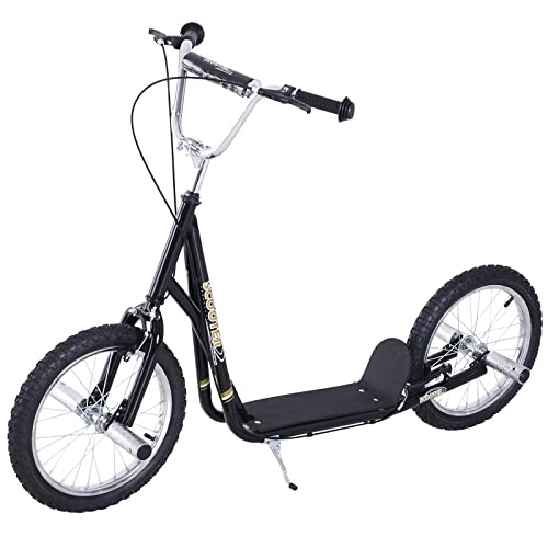 HOMCOM Patinete Scooter para Niños de +5 Años con Neumáticos Inflables Grandes de 16 Pulgadas con Frenos y Manillar Ajustable en Altura 143x58x92-100 cm Negro