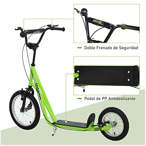 HOMCOM Scooter Patinete para Niños Mayores de 5 Años con 2 Neumáticos de Caucho Inflable con Doble Freno Manillar Ajustable en Altura Soporte 100 kg 135x58x88-94 cm Verde