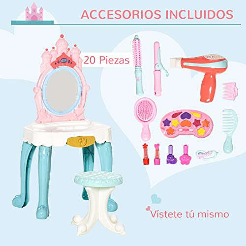 HOMCOM Tocador de Juguete con Taburete Espejo con Luz Música y Secador Incluye 20 Accesorios Tocador de Maquillaje para Niñas de +3 Años 41x27x82 cm Multicolor