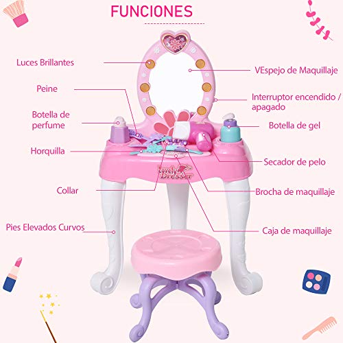 HOMCOM Tocador de Juguete para +3 Años Mesa de Tocador con Taburete Espejo Incluye 16 Accesorios Función de Música Luces 35x20x59,5 cm Rosa