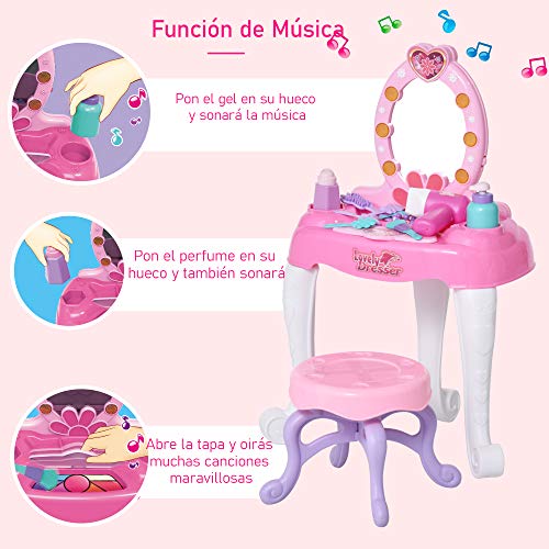 HOMCOM Tocador de Juguete para +3 Años Mesa de Tocador con Taburete Espejo Incluye 16 Accesorios Función de Música Luces 35x20x59,5 cm Rosa