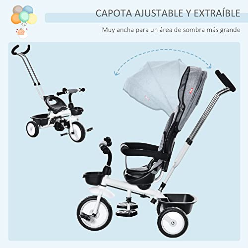 HOMCOM Triciclo Bebé 2 en 1 Triciclo Evolutivo para Niños de +12 Meses con Asiento Reversible Capota Plegable Mango de Empuje Telescópico y Barra Extraíble 100x48x106 cm Gris