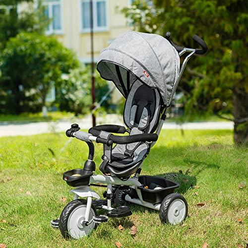 HOMCOM Triciclo Bebé 2 en 1 Triciclo Evolutivo para Niños de +12 Meses con Asiento Reversible Capota Plegable Mango de Empuje Telescópico y Barra Extraíble 100x48x106 cm Gris