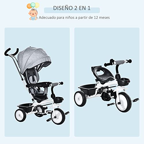 HOMCOM Triciclo Bebé 2 en 1 Triciclo Evolutivo para Niños de +12 Meses con Asiento Reversible Capota Plegable Mango de Empuje Telescópico y Barra Extraíble 100x48x106 cm Gris