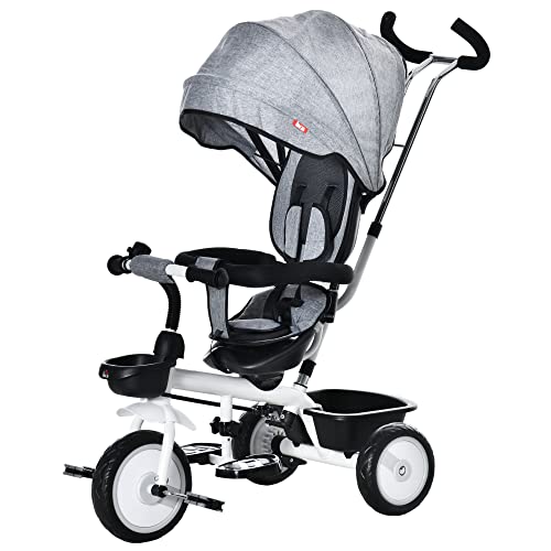 HOMCOM Triciclo Bebé 2 en 1 Triciclo Evolutivo para Niños de +12 Meses con Asiento Reversible Capota Plegable Mango de Empuje Telescópico y Barra Extraíble 100x48x106 cm Gris