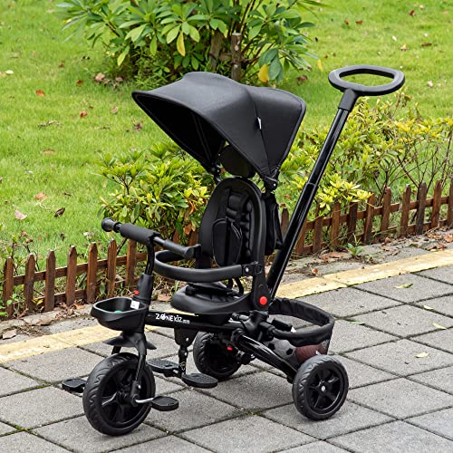 HOMCOM Triciclo Bebé 4 en 1 Bicicleta para Niños 1-5 Años con Asiento Giratorio Capota Ajustable Mango de Empuje Telescópico y Reposapiés Plegable 111,5x52x98 cm Negro