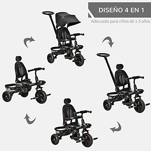 HOMCOM Triciclo Bebé 4 en 1 Bicicleta para Niños 1-5 Años con Asiento Giratorio Capota Ajustable Mango de Empuje Telescópico y Reposapiés Plegable 111,5x52x98 cm Negro