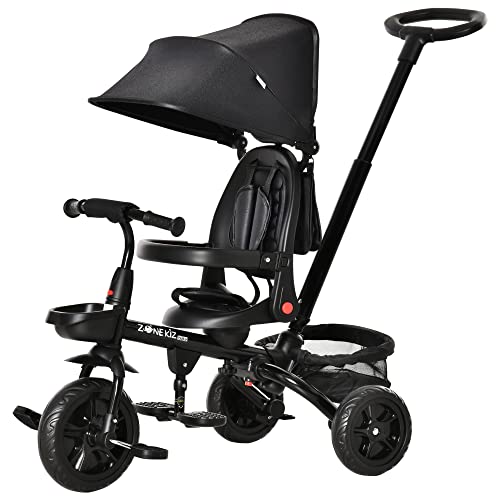 HOMCOM Triciclo Bebé 4 en 1 Bicicleta para Niños 1-5 Años con Asiento Giratorio Capota Ajustable Mango de Empuje Telescópico y Reposapiés Plegable 111,5x52x98 cm Negro