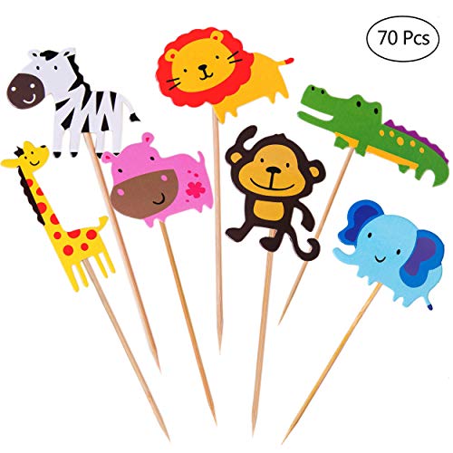 HONGXIN-SHOP Animales Cupcake Toppers Lindo Selva Temática Animales En Forma de Pastel Toppers para Niños Ducha de Bebé Fiesta de Cumpleaños DIY Decoración Suministros 70 Piezas