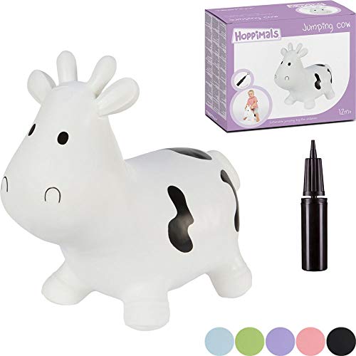 Hoppimals Tootiny, Juguete Hinchable para Saltar y Jugar para Niños Mayores de 1 año, Vaca Blanca, Bomba Incluida en Nuestra Caja Regalo. Juguete Duradero Incentivar y Ayudar a Andar.