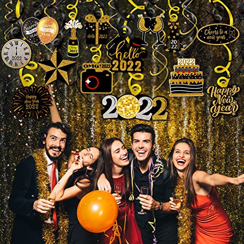 HOWAF 2022 Año Nuevo Decoración para Nochevieja, 30pcs Año Nuevo Colgante Remolino Decoración de Techo Año Nuevo Oro Negro Adornos de Espirales Serpentinas para Año Nuevo Fiesta