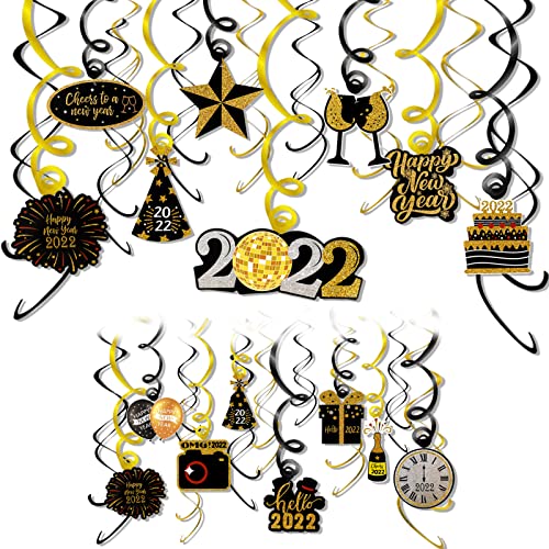 HOWAF 2022 Año Nuevo Decoración para Nochevieja, 30pcs Año Nuevo Colgante Remolino Decoración de Techo Año Nuevo Oro Negro Adornos de Espirales Serpentinas para Año Nuevo Fiesta