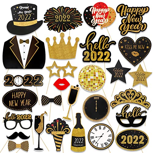 HOWAF Accesorios para Photocall de Nochevieja 2022, 28pcs Año Nuevo Photobooth Props Divertida Bigotes 2022 Gafas Accesorios Foto Props para Niños Adultos Fiesta de Nochevieja Decoración Suministros