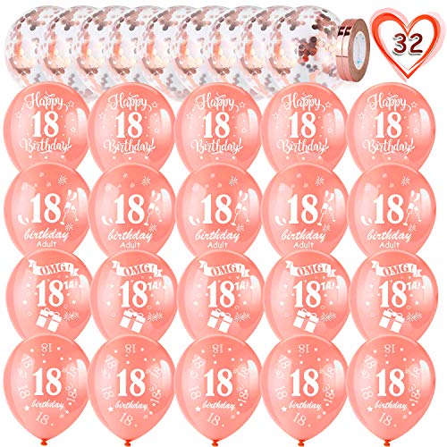 HOWAF Globos de cumpleaños, 30 Piezas 18 años cumpleaños Globos de Latex, Oro Rosa Globos de Confeti y 2 Cintas para Chico y Chica Fiestas de 18 cumpleaños decoración Suministros