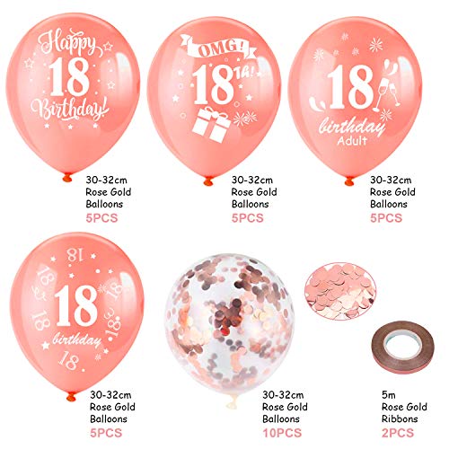 HOWAF Globos de cumpleaños, 30 Piezas 18 años cumpleaños Globos de Latex, Oro Rosa Globos de Confeti y 2 Cintas para Chico y Chica Fiestas de 18 cumpleaños decoración Suministros