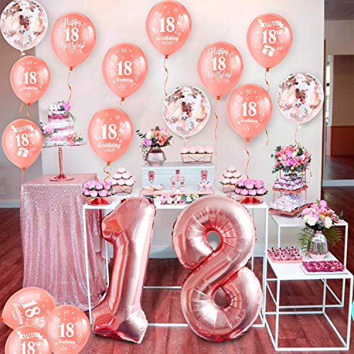 HOWAF Globos de cumpleaños, 30 Piezas 18 años cumpleaños Globos de Latex, Oro Rosa Globos de Confeti y 2 Cintas para Chico y Chica Fiestas de 18 cumpleaños decoración Suministros