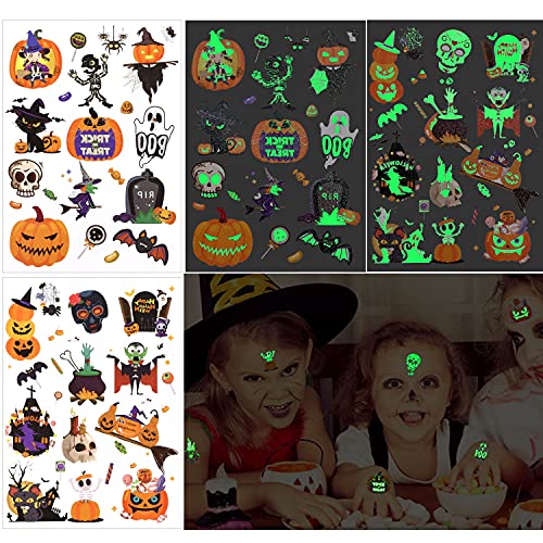 HOWAF Halloween Tatuajes Temporales niños, Purpurina + Luminosos Tatuaje temporal de Halloween tattoo pegatinas para niños, niñas, regalos de fiesta de Halloween Cumpleaños Infantiles, 4 hojas