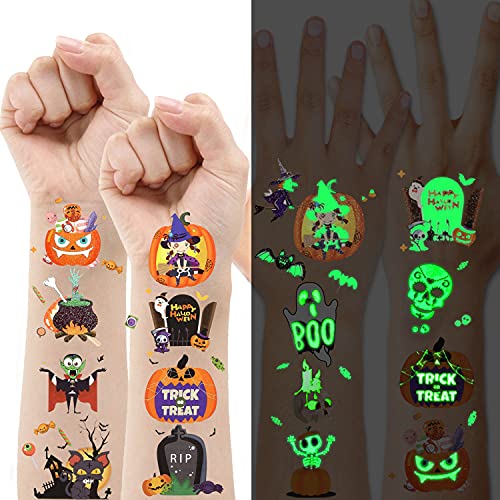 HOWAF Halloween Tatuajes Temporales niños, Purpurina + Luminosos Tatuaje temporal de Halloween tattoo pegatinas para niños, niñas, regalos de fiesta de Halloween Cumpleaños Infantiles, 4 hojas