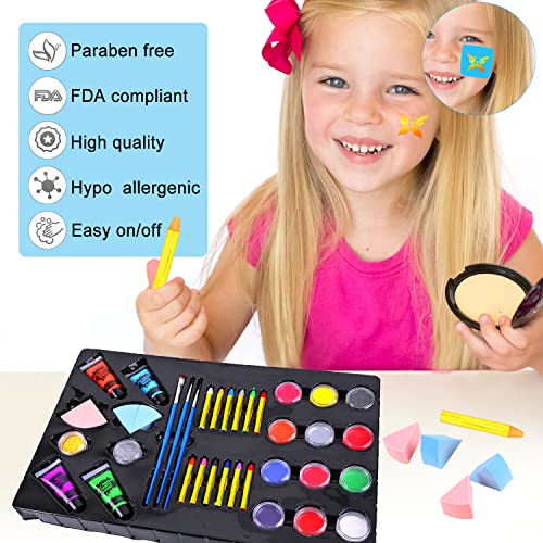 HOWAF Pinturas Cara para Niños, Seguridad no tóxica Pintura Facial Maquillaje niños, 24 Colores Crayons de Pintura y UV Luz Body Paint y Purpurina, Pinceles para Halloween Fiestas, Navidad, Cosplay