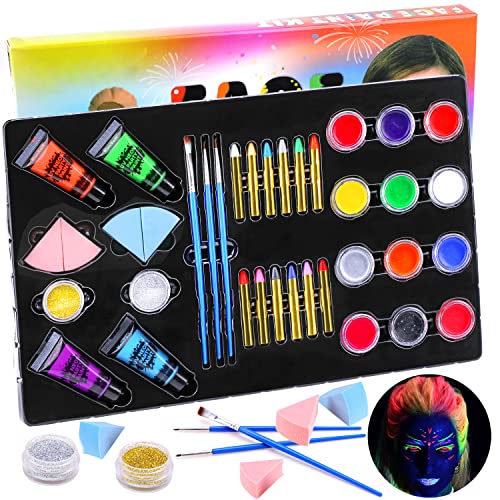 HOWAF Pinturas Cara para Niños, Seguridad no tóxica Pintura Facial Maquillaje niños, 24 Colores Crayons de Pintura y UV Luz Body Paint y Purpurina, Pinceles para Halloween Fiestas, Navidad, Cosplay