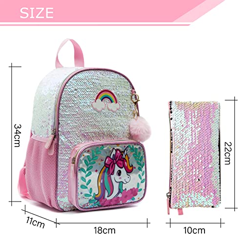 HTgroce Mochila Lentejuelas niña Escolar,13 Inches Mochila Unicornio niña &Chip Pequeño Brillante Estuche Escolar Regalos para niñas de 3-8 años Unicornios para niñas Juguetes